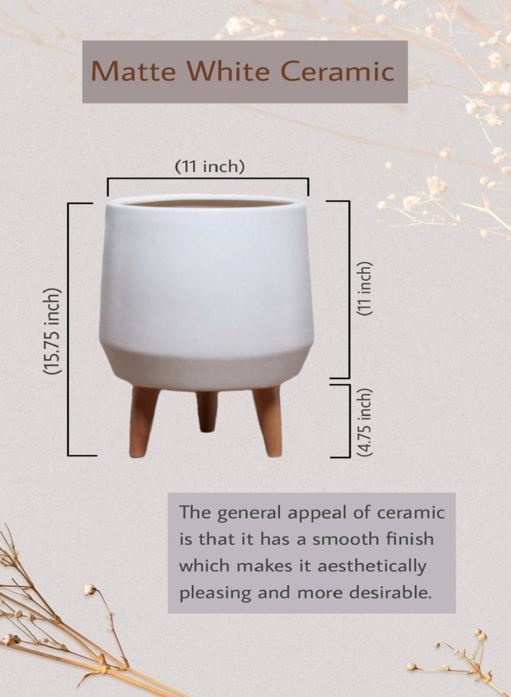 15.75" White Ceramic Pot with Wooden Legs