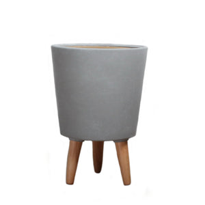 Matte Grey Ceramic Pot with Wooden Legs, 10" Diameter & 15" Tall