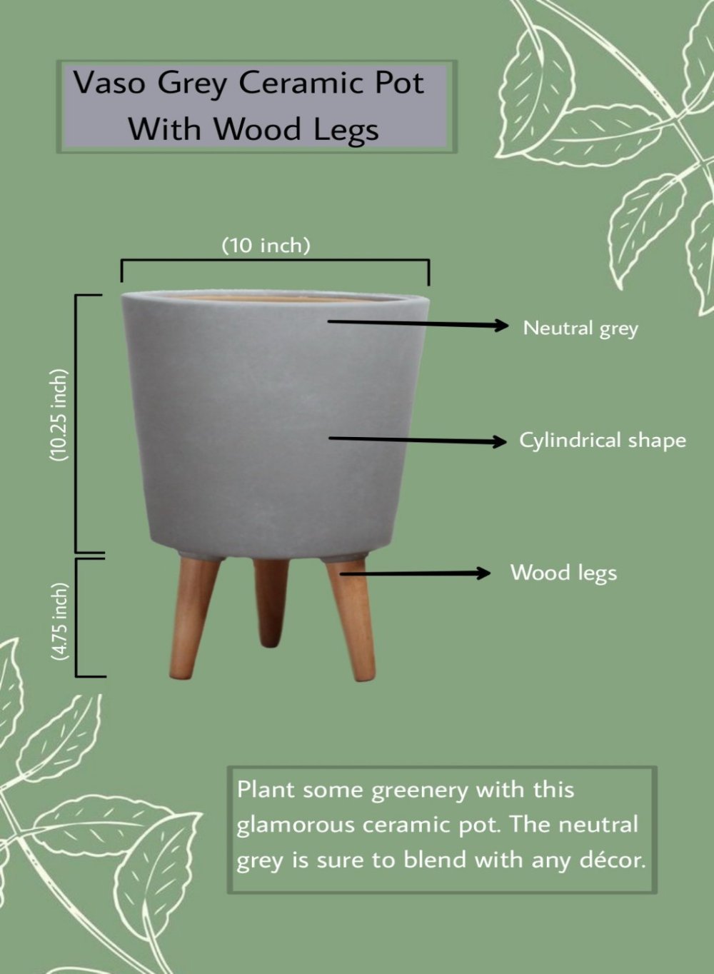 15" Matte Grey Ceramic Pot with Wooden Legs