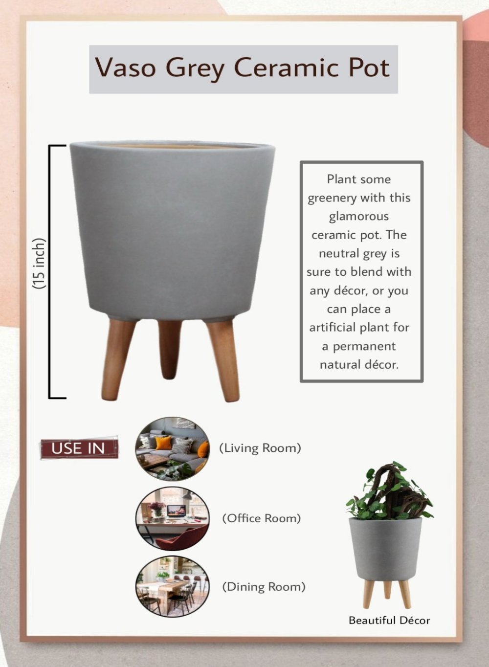 15" Matte Grey Ceramic Pot with Wooden Legs