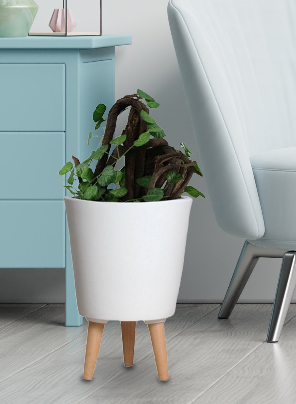 15" Matte White Ceramic Pot with Wooden Legs