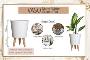 15" Matte White Ceramic Pot with Wooden Legs