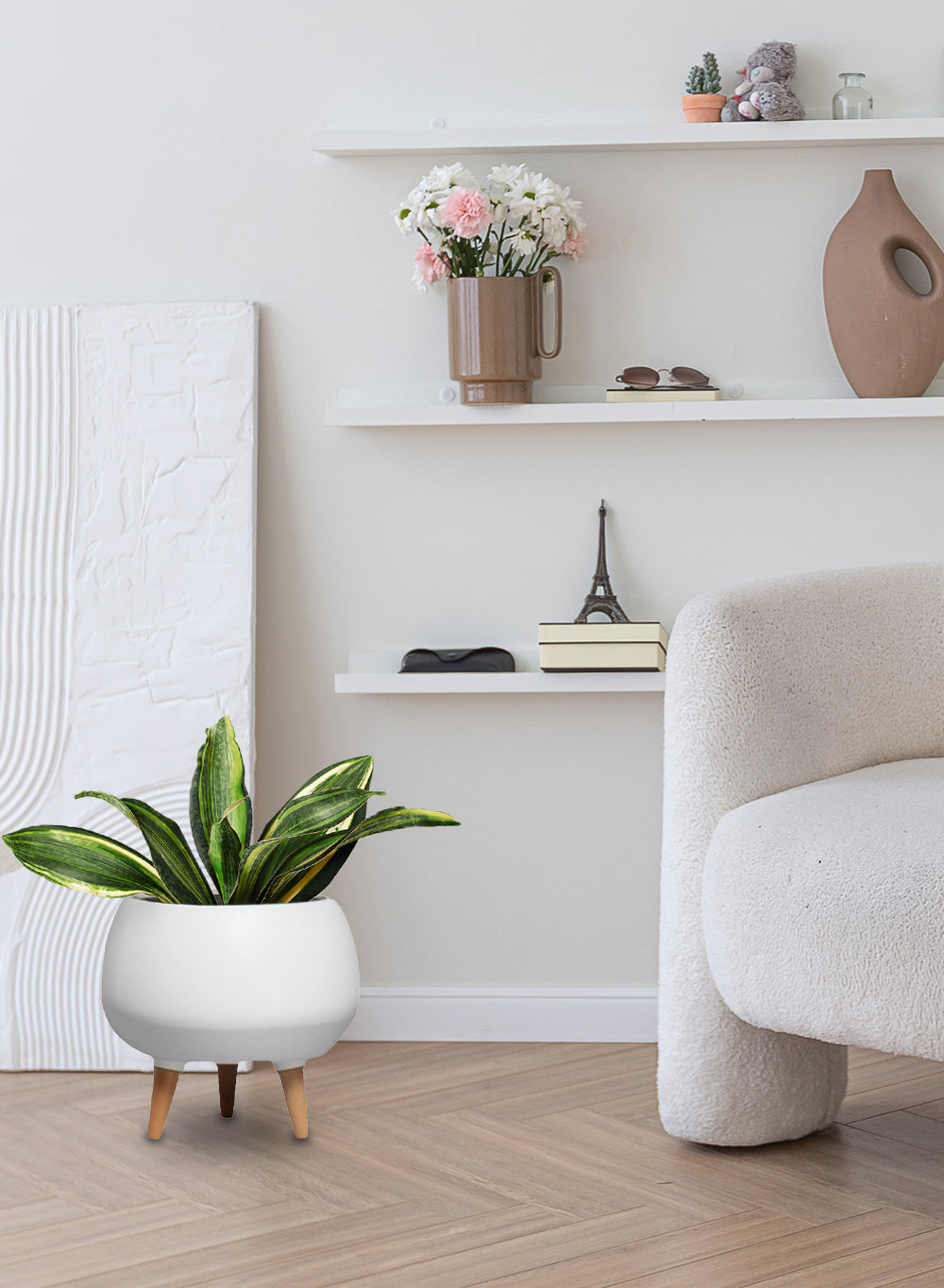 9" Round White Ceramic Pot with Wooden Legs