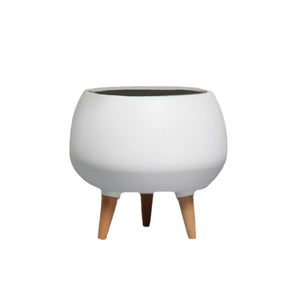 9" Round White Ceramic Pot with Wooden Legs