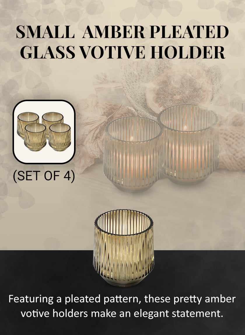 Amber Pleated Glass Votive Holder, In 2 Sizes, Set of 4