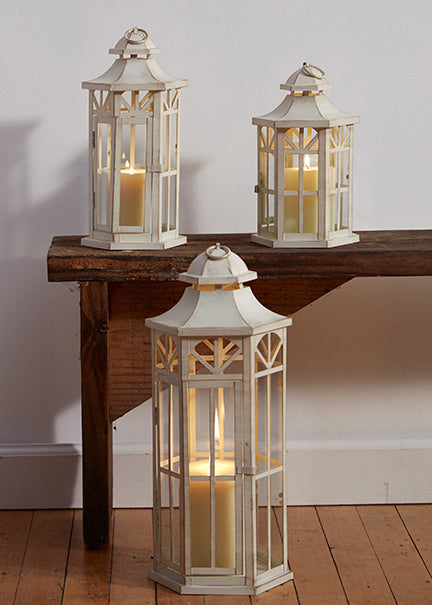 Set of 3 Indoor-Outdoor Lombard Metal Lanterns - Antique White