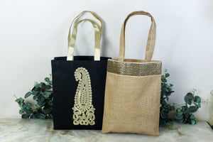 Serene Spaces Living Environment-Friendly Jute Gift Bag, Measures 13.5” Tall, 3.25” Wide and 11” Long, Black and Gold Colors Available
