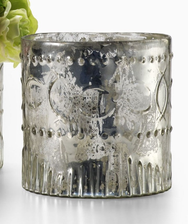 Serene Spaces Living Decorative Antique Silver Cylinder with Set of 4 White Pillar Candles