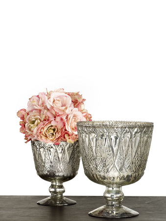 Serene Spaces Living Patterned Silver Glass Coupes – Elegant Vase and Container Measures 5.5” Diameter X 7” Tall & 7” Diameter X 9” Tall