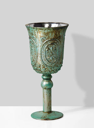 Serene Spaces Living Verdigris Glass Pedestal Vase, Vintage Goblet Vase, Measures 9” Tall and 4” Diameter
