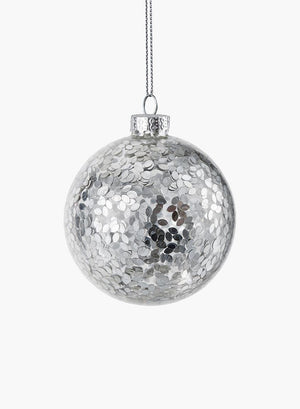 Serene Spaces Living Hanging Silver Paillette Inside Glass Ball, Ornament for Holiday Decor, Set of 6, Measures 3" Diameter