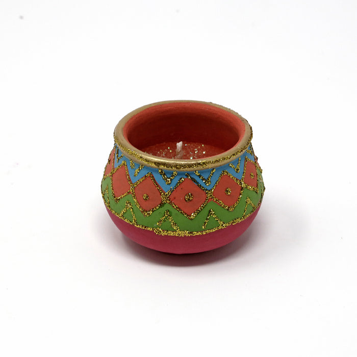 Serene Spaces Living 3.5-Hour Candle in Mosaic Design Handmade Terracotta Pot, Ideal for Lighting at Festivals and Home, Set of 5, Each Measures 1.5” Tall and 2” Diameter