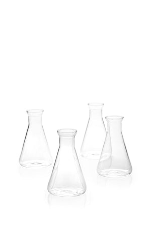 Serene Spaces Living Set of 4 Small Flask Bud Vases, Transparent Glass Vases, Each Measures 5.25" Tall and 3.25" Diameter