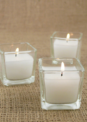 Serene Spaces Living 10-Hour White Unscented Cube Votive Candles in Set of 12– Classic Clear Glass Design in 2” Cubes