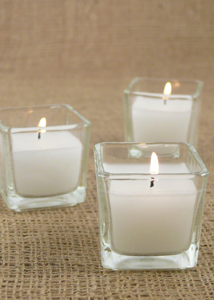 Serene Spaces Living 10-Hour White Unscented Cube Votive Candles in Set of 12 or Set of 96– Classic Clear Glass Design in 2” Cubes