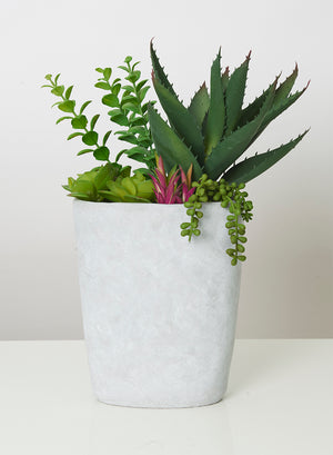 Serene Spaces Living Artificial Mixed Succulents in Grey Oval Cement Pot, Ideal for Bar, Desk, Counter, Hotel Lobby