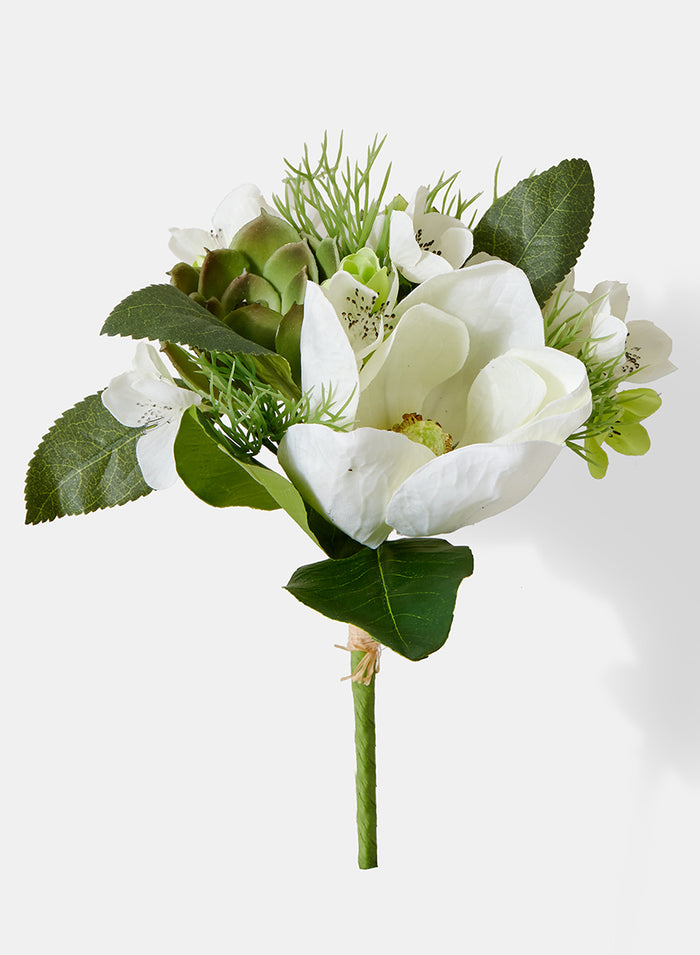 Serene Spaces Living Faux Succulent and Magnolia Bouquet, Ideal for Flower Girl or Bridesmaid, Measures 7.5” Tall and 7” Diameter