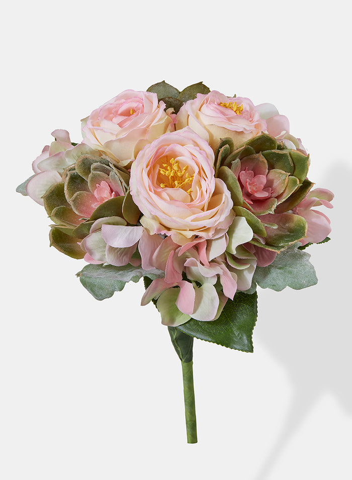 Serene Spaces Living Faux Succulent and Pink Rose Bouquet, Ideal for Flower Girl or Bridesmaid, Measures 10” Tall and 7” Diameter