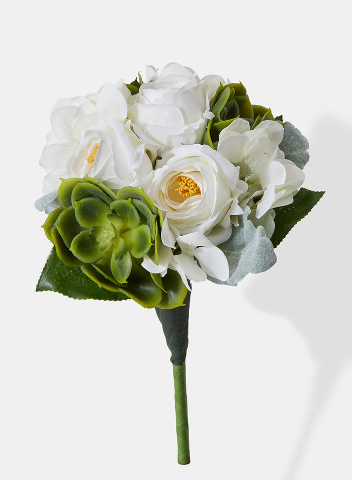 Serene Spaces Living Faux Succulent and White Rose Bouquet, Ideal for Flower Girl or Bridesmaid, Measures 10” Tall and 7” Diameter