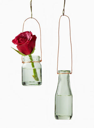 Green Glass Hanging Bottle Bud Vase, Set of 6