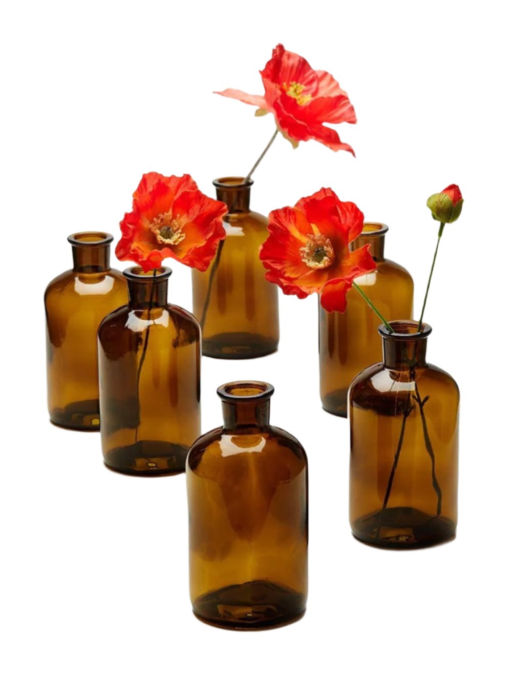 Dark Amber Medicine Bottle Bud Vases, Set of 6, in 2 Sizes