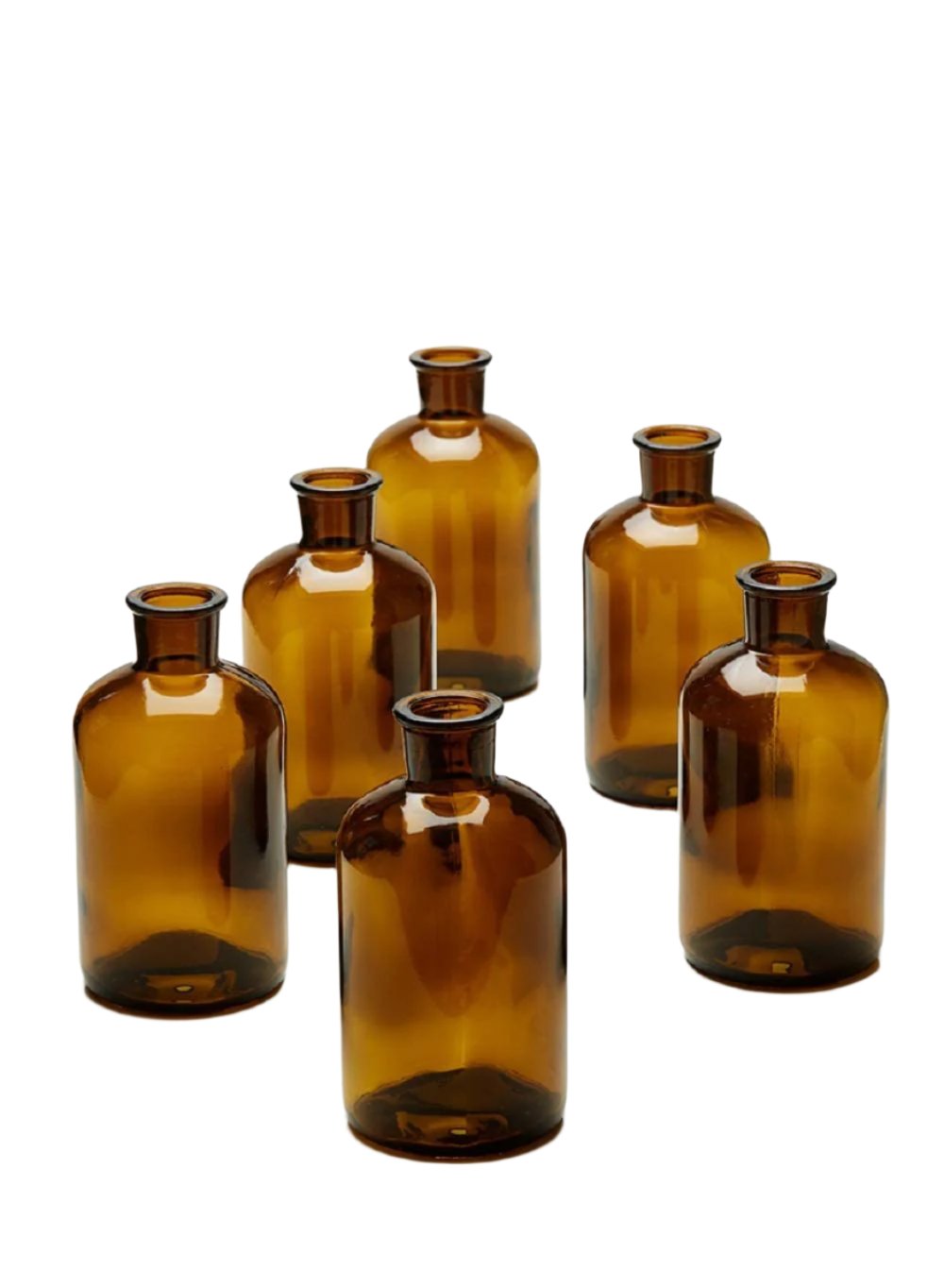 Dark Amber Medicine Bottle Bud Vases, Set of 6, in 2 Sizes