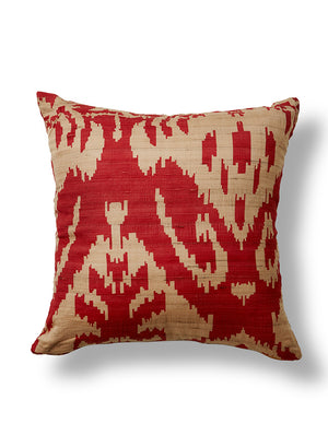 Serene Spaces Living Red and Tan Ikat Print Square Silk Pillow, Decorative Pillow, Measures 18” Square