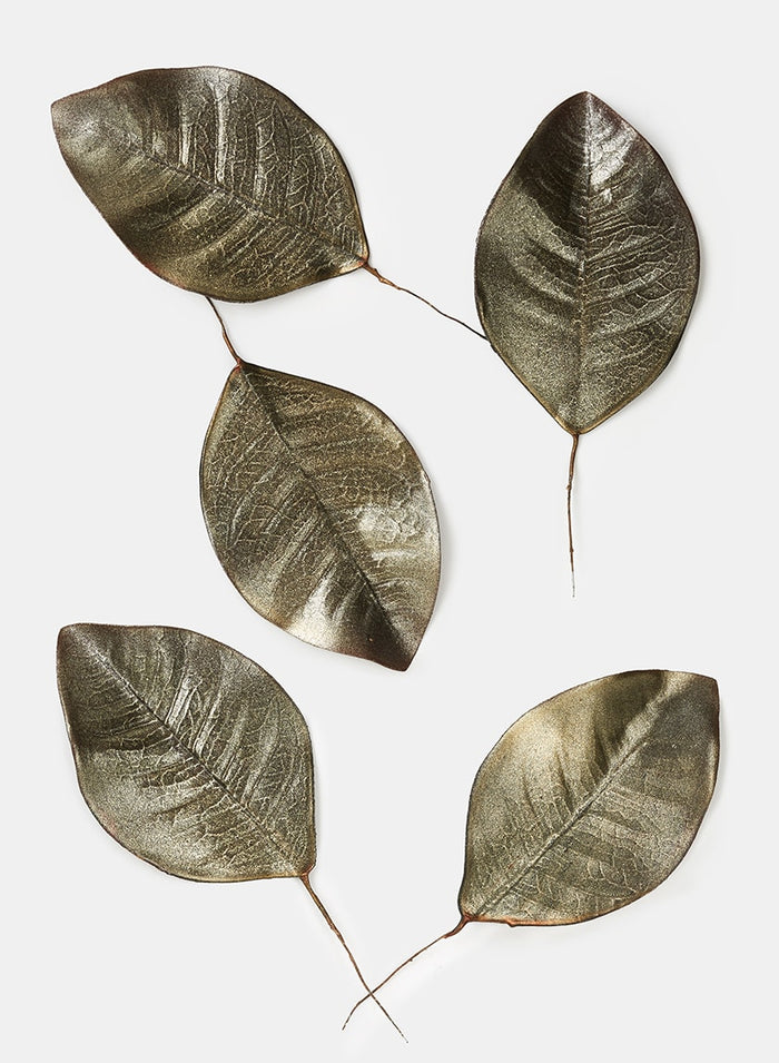 9" Platinum Metallic Magnolia Leaves, Set of 5