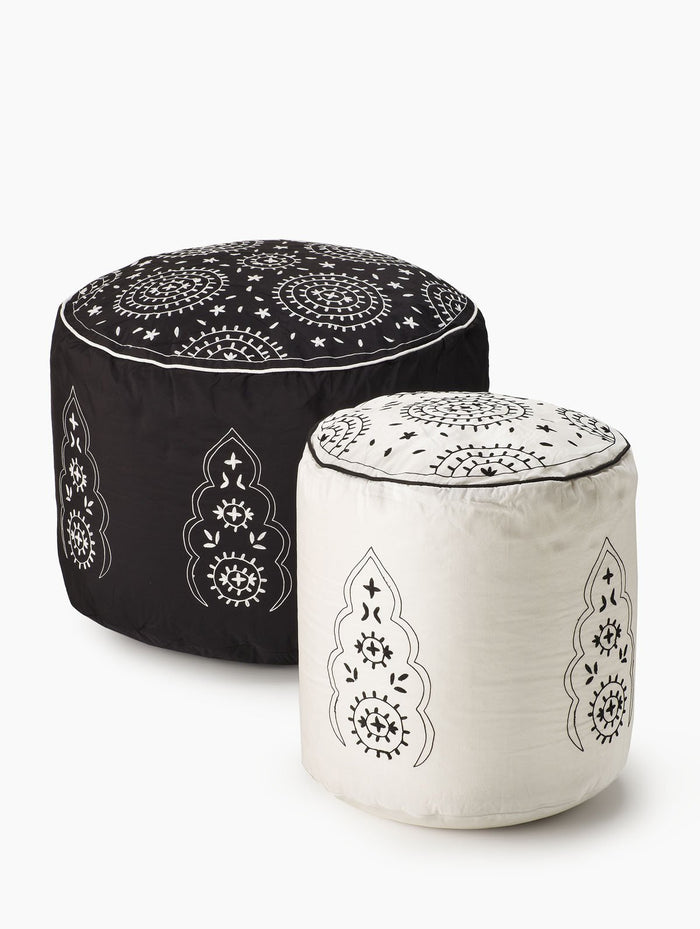Serene Spaces Living Embroidered Black & Ivory Poufs, Comfortable Seating Option