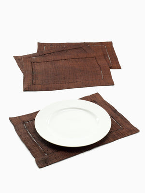 Serene Spaces Living Brown Raffia Hemstitch Placemats, Set of 4, Dining Table Mat