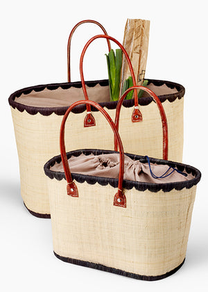 Serene Spaces Living Natural Raffia Bags with Brown Trim, Handmade Tote, 2 Size Options