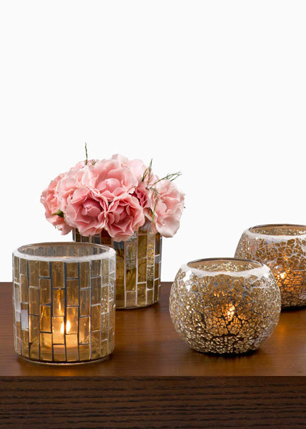 Mosaic Glass and Crackled Glass Votive Holders, Set of 4