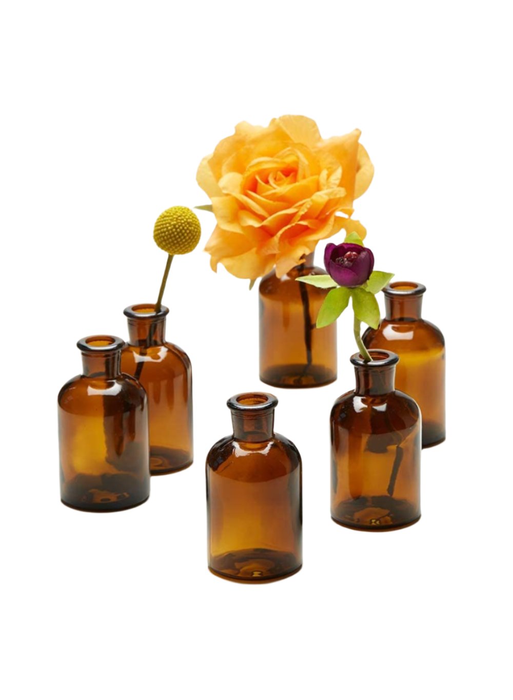 Dark Amber Medicine Bottle Bud Vases, Set of 6, in 2 Sizes