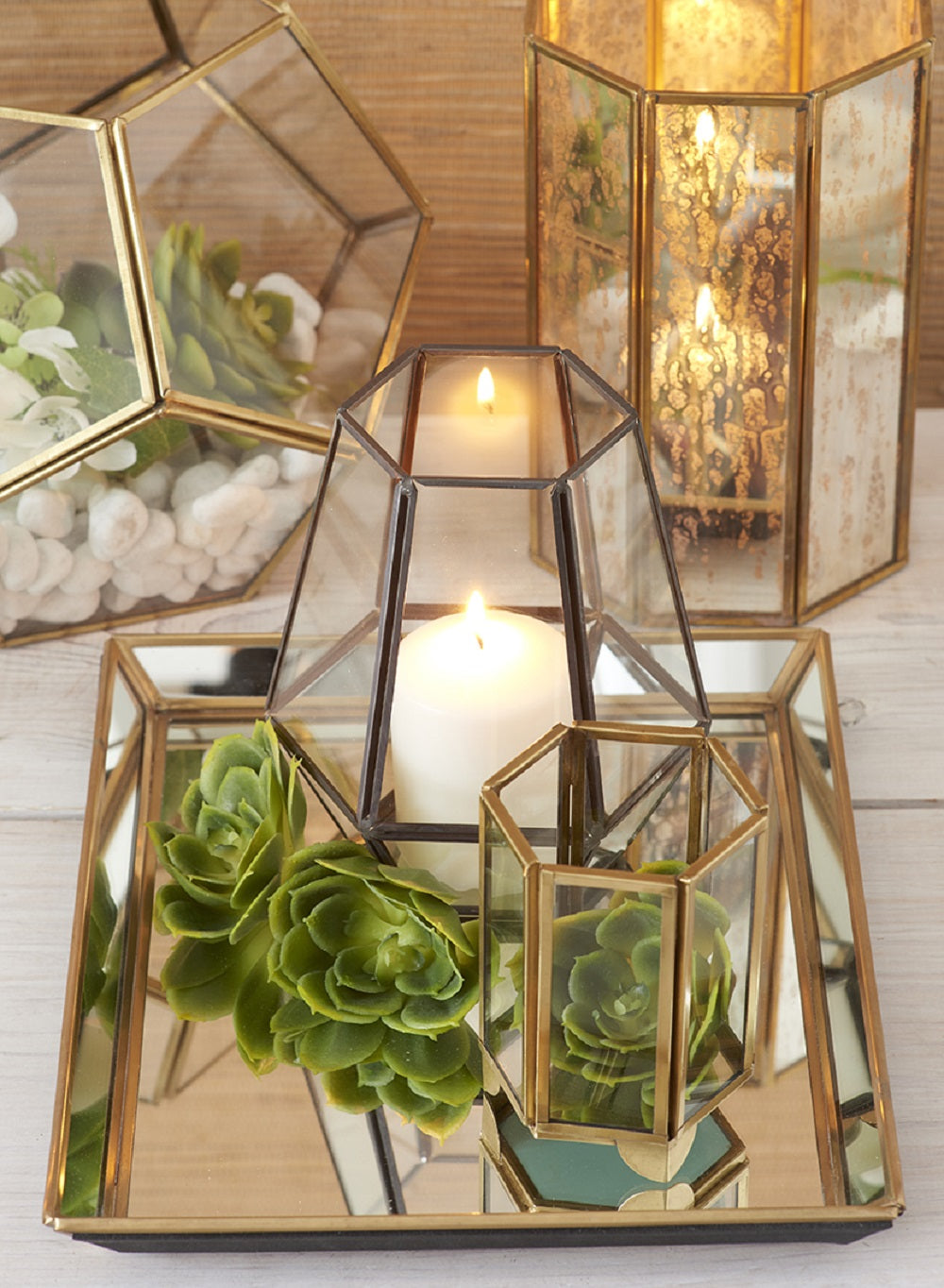 Gold Hexagon Glass Tea Light Holder, Available in 5 Designs