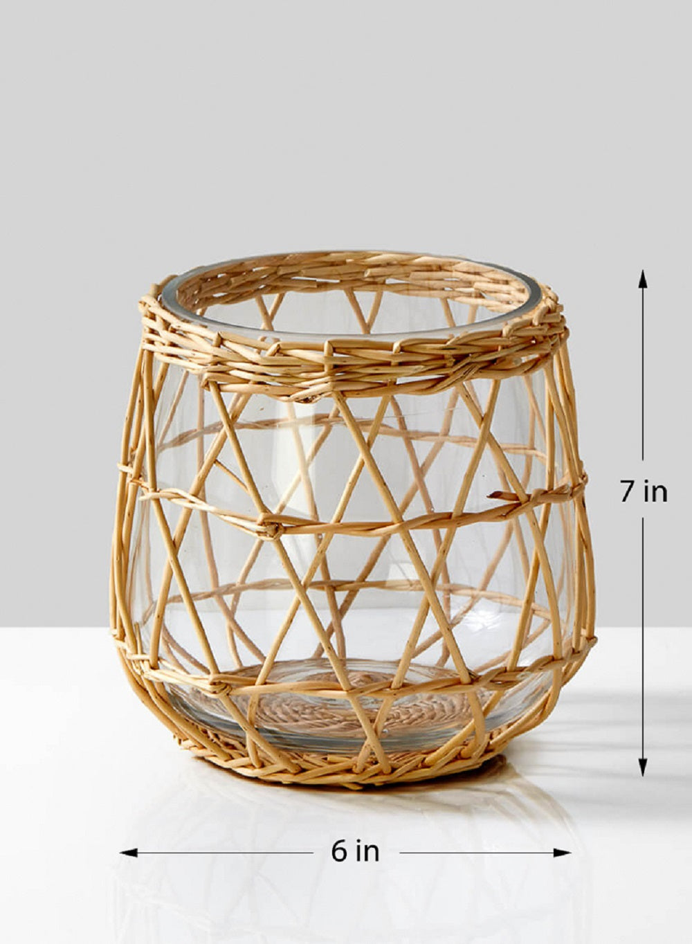 Serene Spaces Living Handwoven Wicker & Glass Candleholder, Available in 2 Sizes