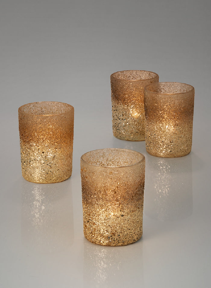 Serene Spaces Living Set of 24 Pale Gold Glitter Votive Candle Holders, Ideal for Weddings Parties Events Spa Fall Table Decorations, 4" Tall and 3" Diameter