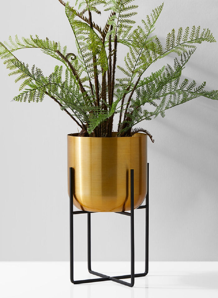 Serene Spaces Living Brass Gold Planters with Black Stand, Measures 13"H & 7"Dia