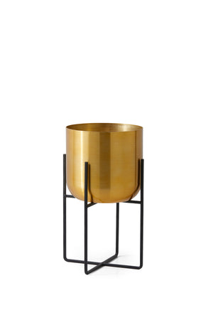 Serene Spaces Living Brass Gold Planters with Black Stand, Measures 13"H & 7"Dia