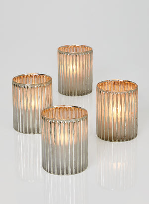 Serene Spaces Living Set of 4 Corrugated Glass Silver Votive Candle Holders, Ideal for Winter Wedding Decorations, Parties, Events, Christmas Dinner Tablescape, 4" Tall and 3" Diameter
