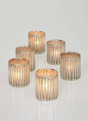 Serene Spaces Living Set of 36 Corrugated Glass Silver Votive Candle Holders, Ideal for Winter Wedding Decorations, Parties, Events, Christmas Dinner Tablescape, 3" Tall and 2.5" Diameter