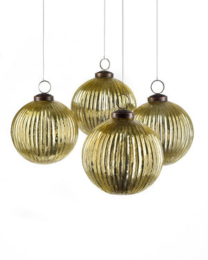 Serene Spaces Living Set of 4 Antique Ribbed Glass Balls, Ornaments for Holiday Décor, Available in Silver/ Gold/ Copper