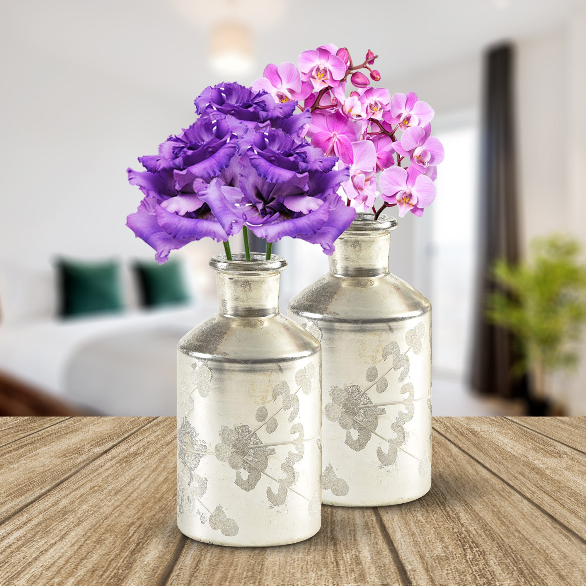 Mercury Glass Etched Bottle Vases