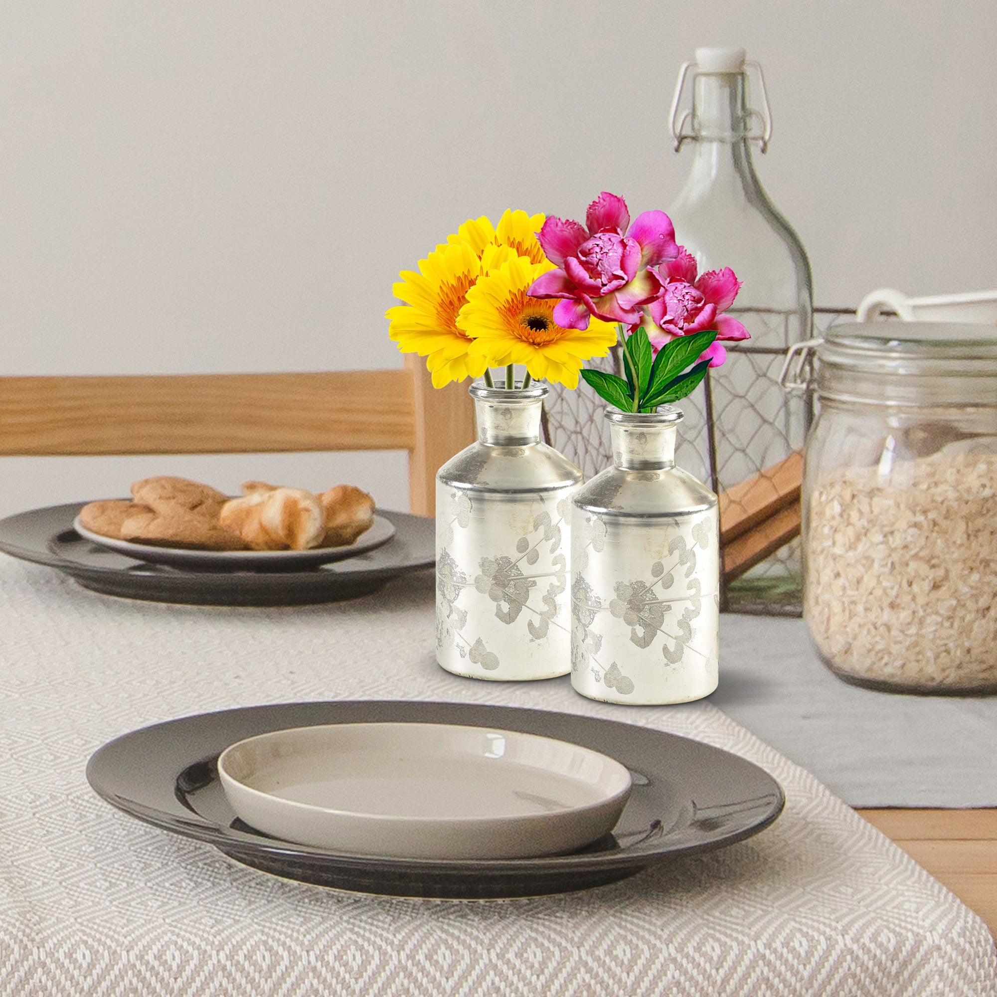 Mercury Glass Etched Bottle Vases