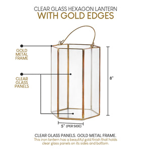 Gold Hexagon Glass Lantern, 5" Diameter & 8" Tall