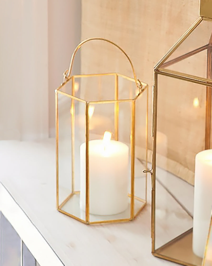 Gold Hexagon Glass Lantern, 5" Diameter & 8" Tall