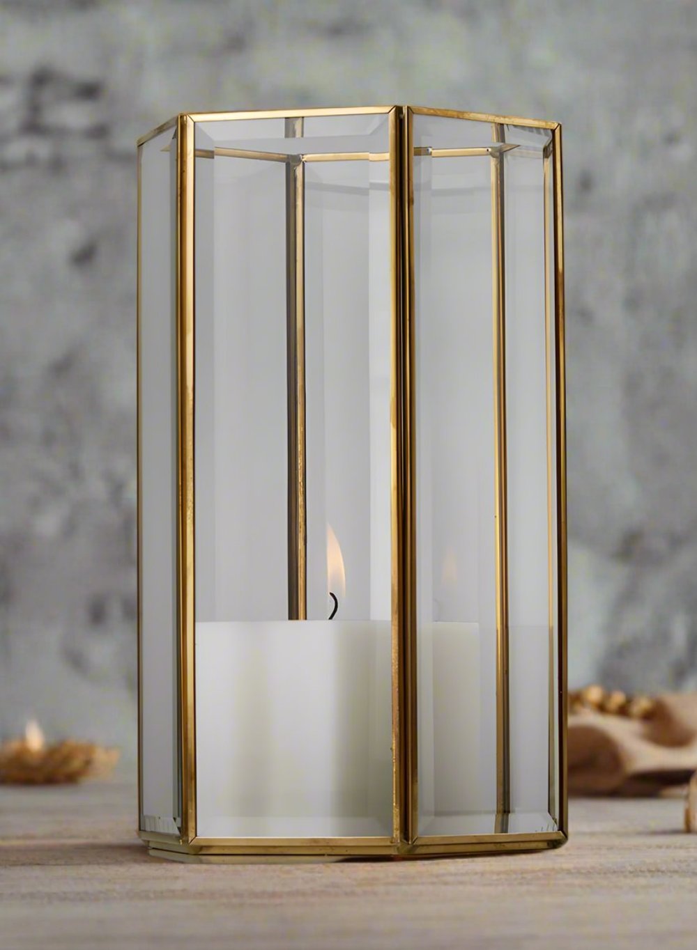 Beveled Glass Gold Hurricane with Mirror Bottom, in 4 Shapes