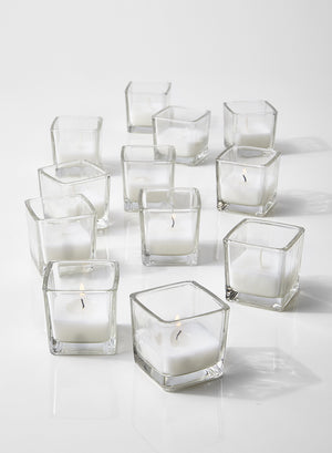 Serene Spaces Living 10-Hour White Unscented Cube Votive Candles in Set of 12 or Set of 96– Classic Clear Glass Design in 2” Cubes