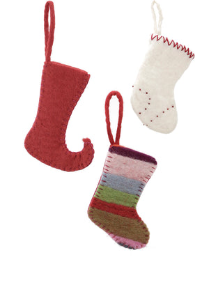 Serene Spaces Living Multicolor Felt Xmas Stockings, Ornaments for Holiday Décor, Set of 3, Each measures 4” Wide and 5.5” Tall