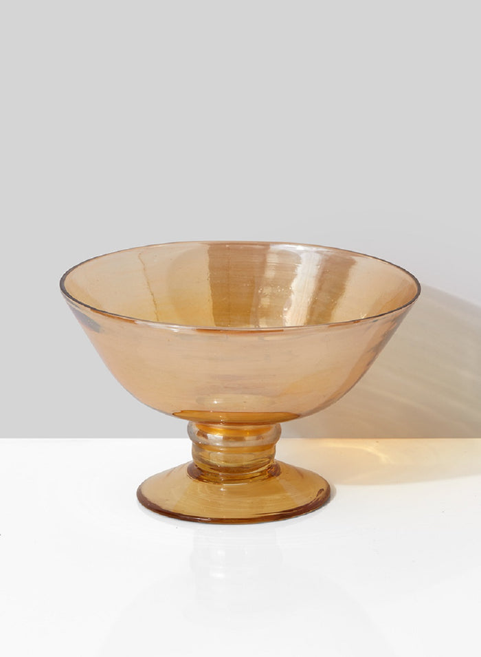 Serene Spaces Living Amber Luster Glass Flower Compote, Colored Vase For Centerpiece for Home Decor, Events, Weddings, Measures 4.25" Tall & 6.5" Diameter