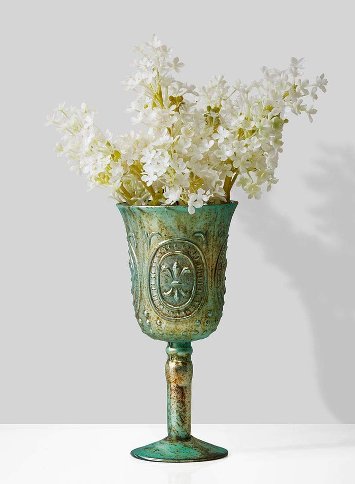 Serene Spaces Living Verdigris Glass Pedestal Vase, Vintage Goblet Vase, Measures 9” Tall and 4” Diameter, Set of 4